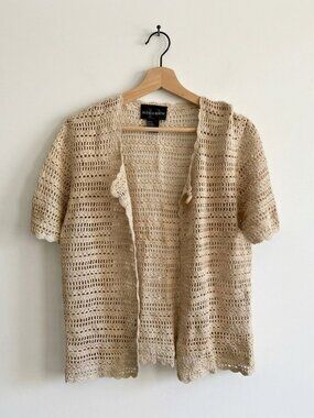 Women’s Vintage Crochet Cardigan Top Beige Cotton Size Large Boho Layering